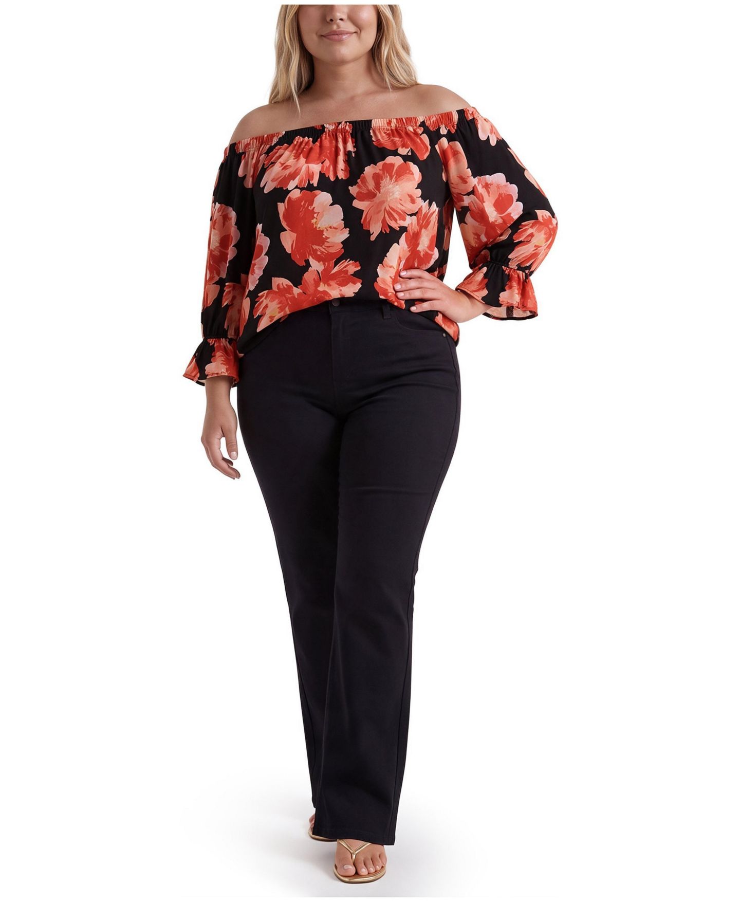 Женская блузка Torrid Plus Size Floral-Print Off-the-Shoulder 3/4-Sleeve, цвет: С принтом чёрный — фото 3