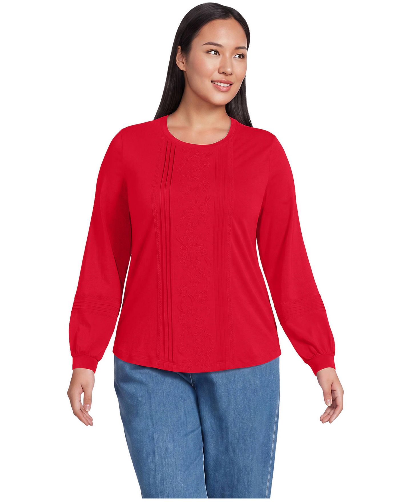 Женская блузка Lands' End Plus Size Crewneck Long-Sleeve Pintuck, цвет: Красный — фото 1