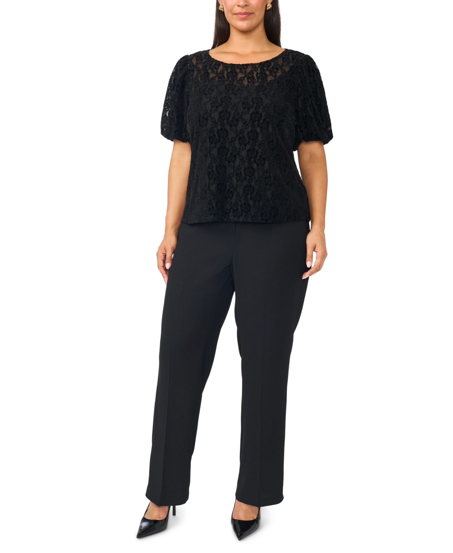 Женская блузка Vince Camuto Plus Size Puff-Sleeve Crewneck Lace, цвет: Насыщенный чёрный — фото 3