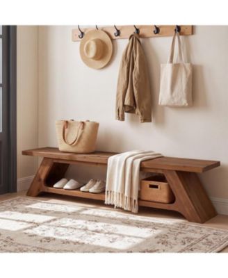 71" Solid Wood Entryway Bench with Shoe Storage, Long Shoe Bench
