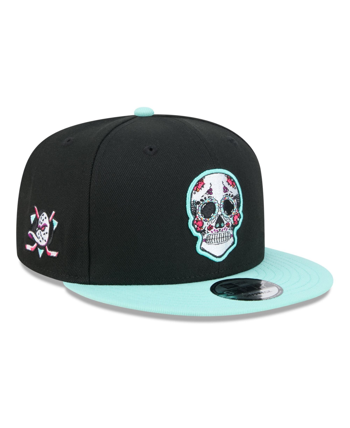 New Era Men's Black Anaheim Ducks Dia De Los Muertos 9FIFTY Snapback Hat - Black, Turquoise