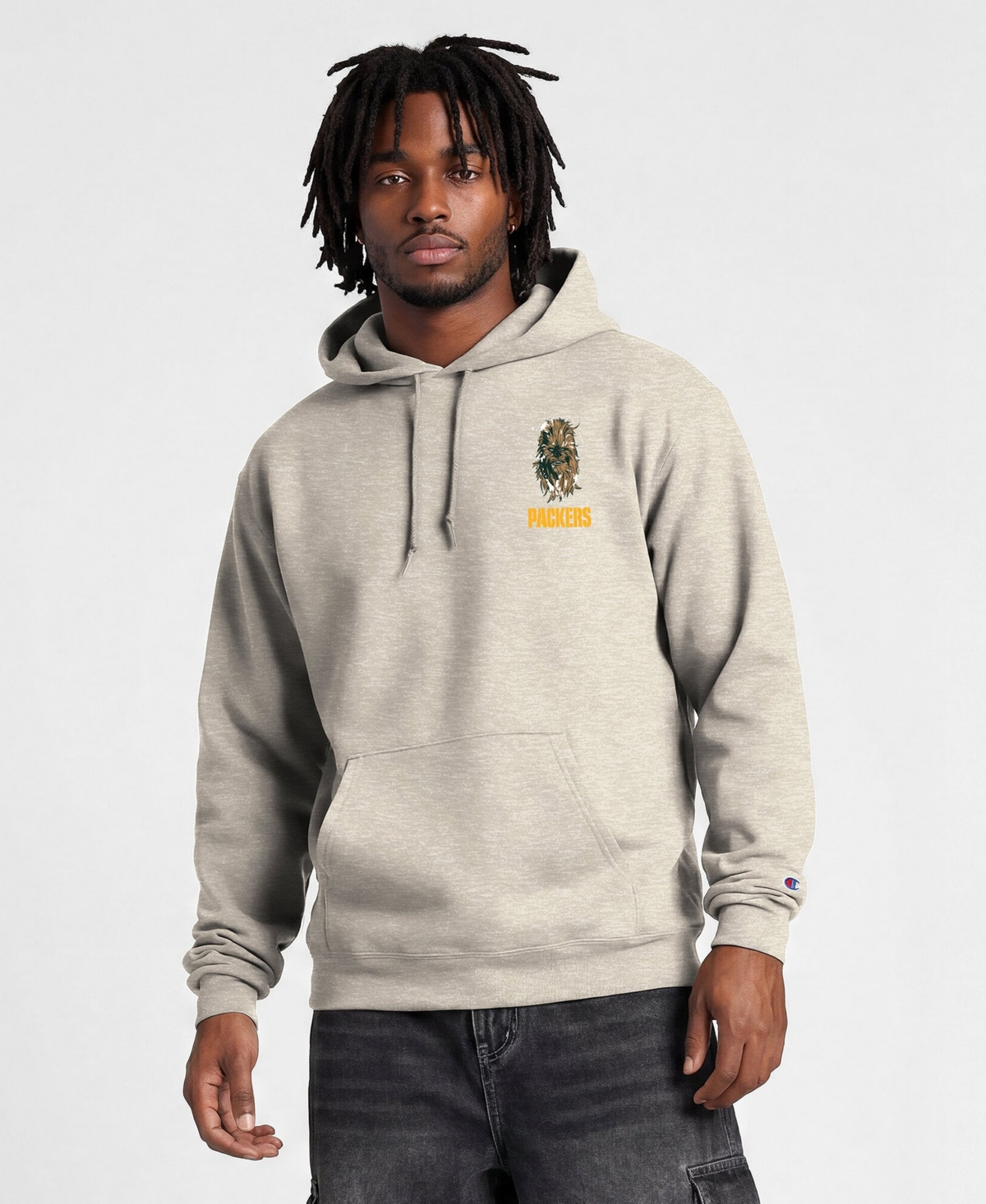 Champion Men's Disney x Oatmeal Green Bay Packers Power blend Fullback Hoodie - Oatmeal