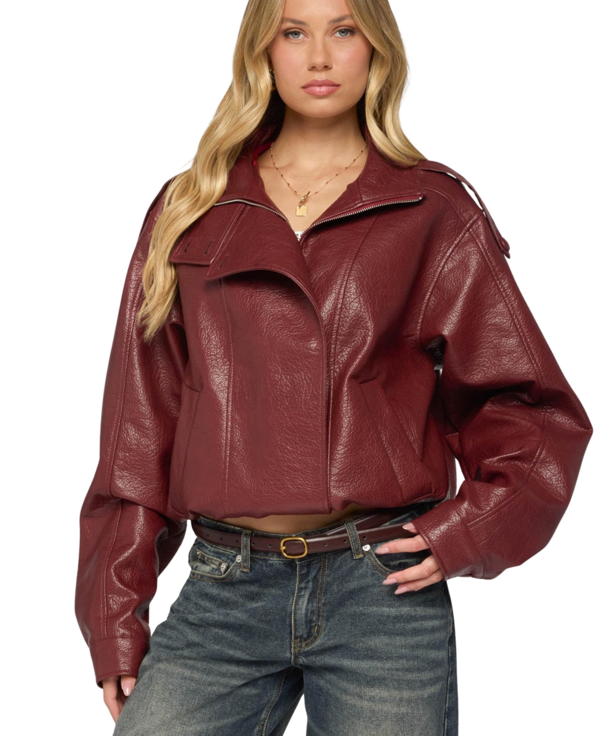 Edikted Women's Jaicee High Neck Oversized Faux Leather Jacket - Burgundy