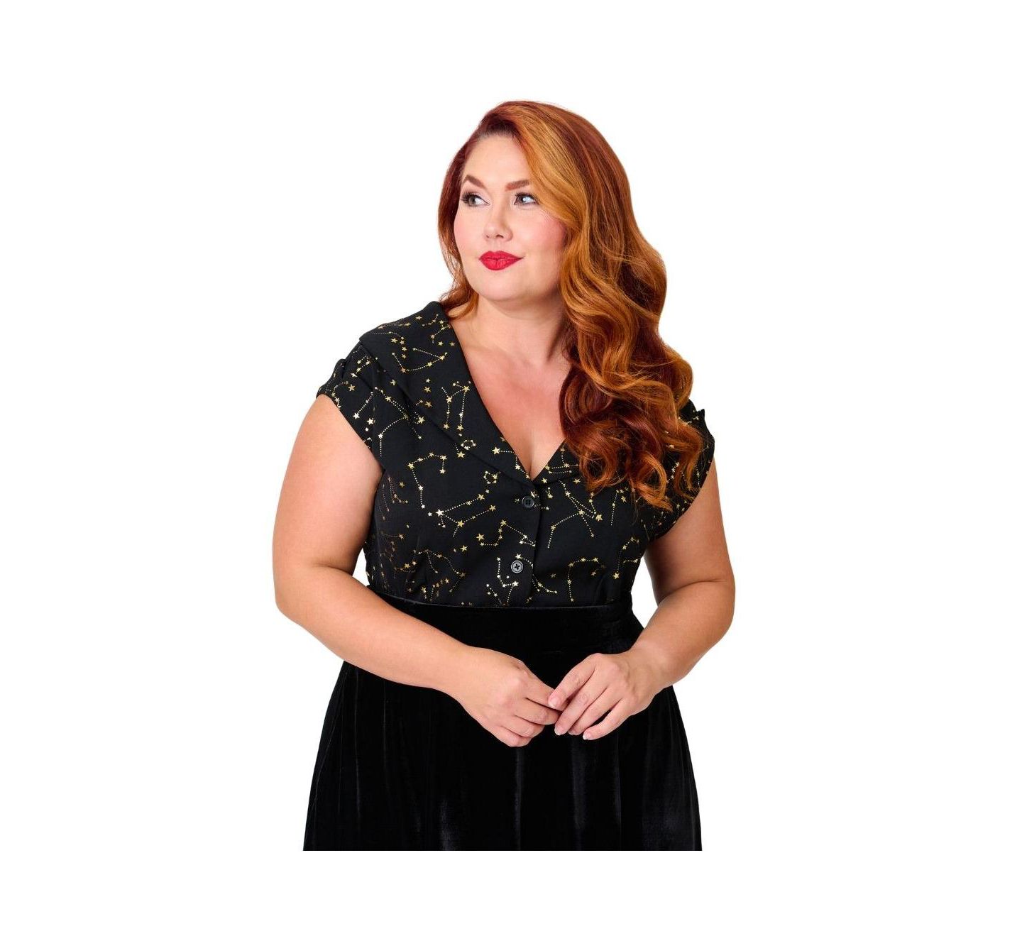Женская блузка Unique Vintage Plus Size Twill Sleeveless, цвет: Чёрный / Золотой с принтом — фото 4