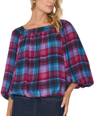 Women's Plaid Square Neck 3/4-Sleeve Bubble Blouse