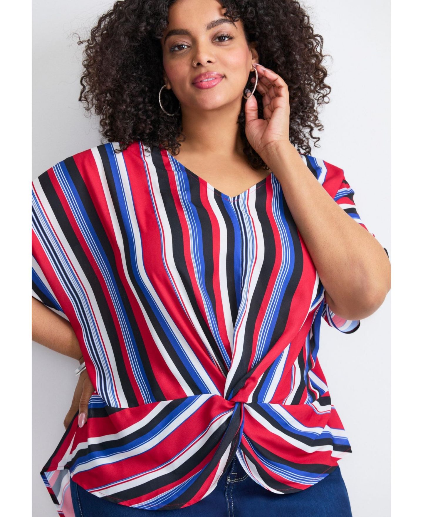 Женская блузка Avenue Plus Size Knot Front Dolman Sleeve, цвет: Полосатый — фото 4