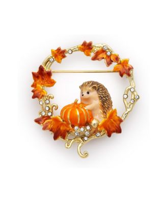 Crystal Hedgehog and Pumpkin Hand-Painted Enamel Brooch