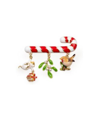Gold-Tone Crystal Candy Cane Charm Brooch