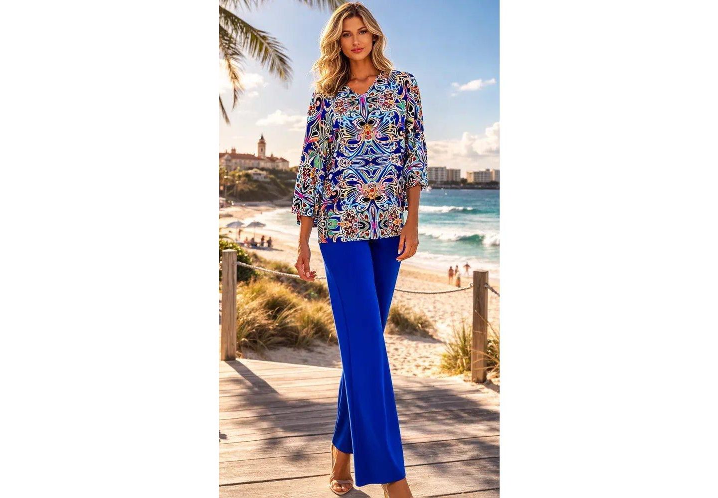 Женский топ La Moda Clothing Medallion-Print Bell-Sleeve V-Neck Tunic Top, цвет: Тёмно-синий с принтом — фото 5