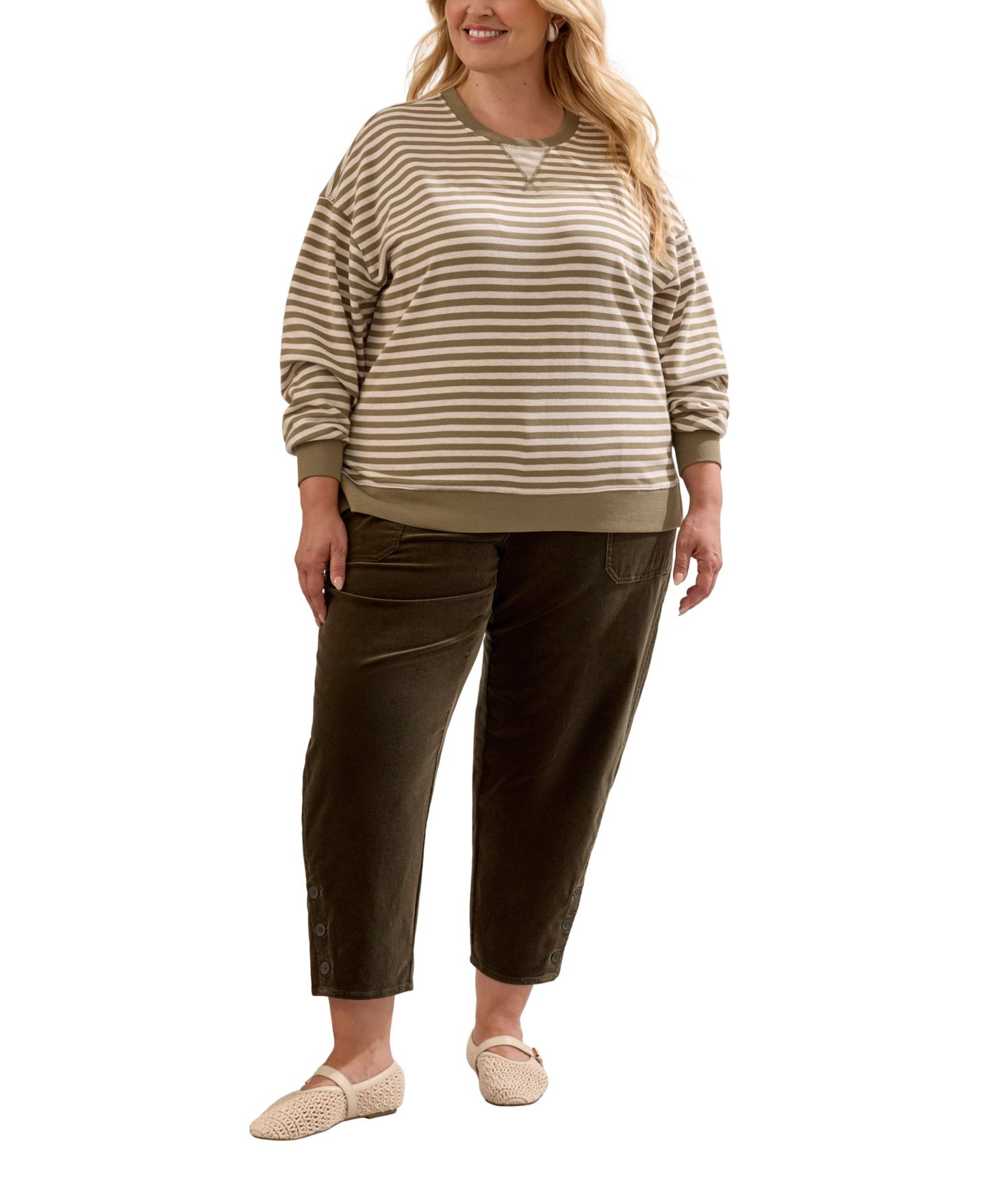 Женский топ TRIBAL Plus Size Striped Long-Sleeve Loose-Fit, цвет: Синий туманный — фото 4