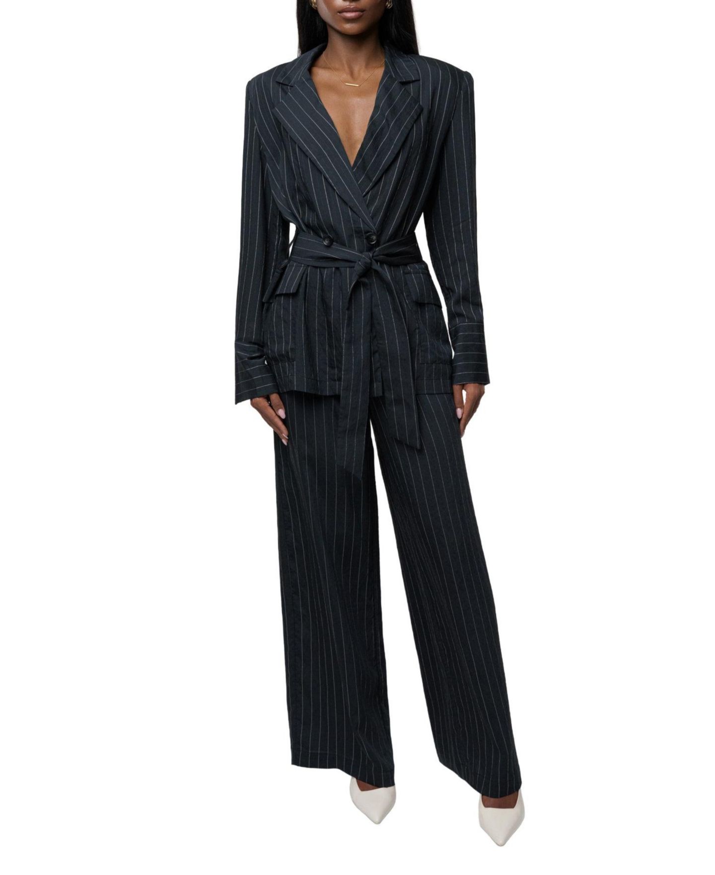 Женские брюки JLUXLABEL Social Club Pinstripe Wide-Leg, цвет: Чёрный — фото 5