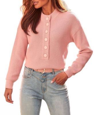 Women's Button-Front Mock-Neck Ribbed Sweater
