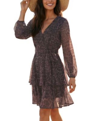 Women's Leopard-Print V-Neck Long-Sleeve Midi Dress