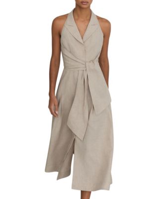 Petite Tara Halter Neck with Peak Lapels Open-Back Linen Midi Dress