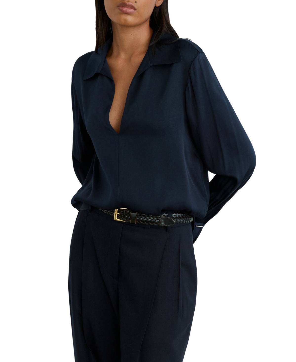 Reiss Women's Orla Silk-Blend Open-Collar Long-Sleeve Blouse - Navy