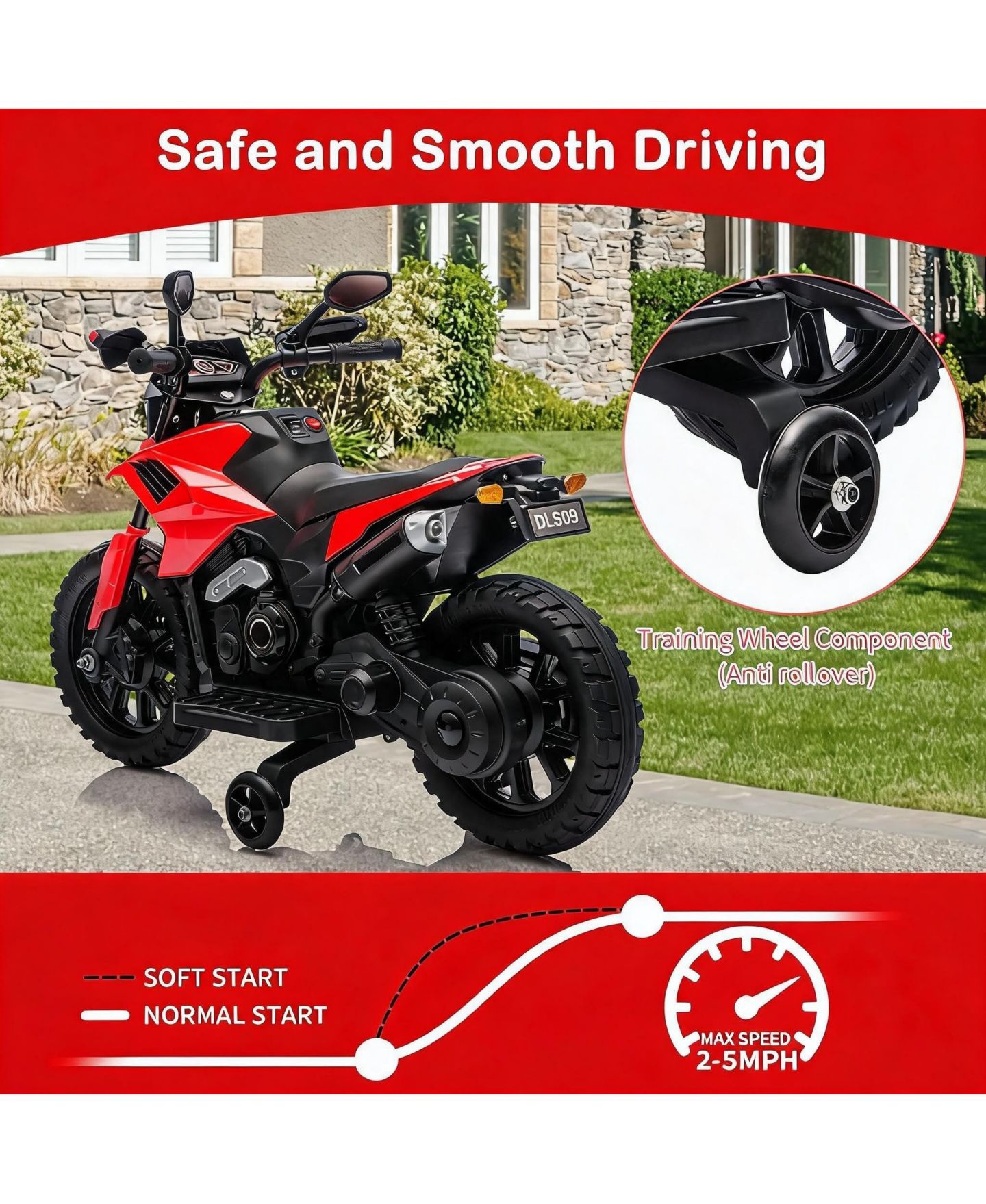 Детская игрушка homfan Large Electric Motorcycle Battery-Powered Gentle Start, 66 Lb. Capacity, от 4 лет, цвет: Красный — фото 3
