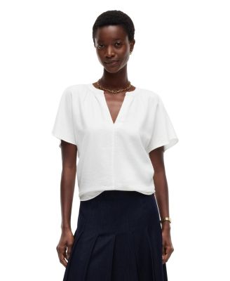 Women's Popover Linen-Blend Short-Sleeve V-Neck Blouse