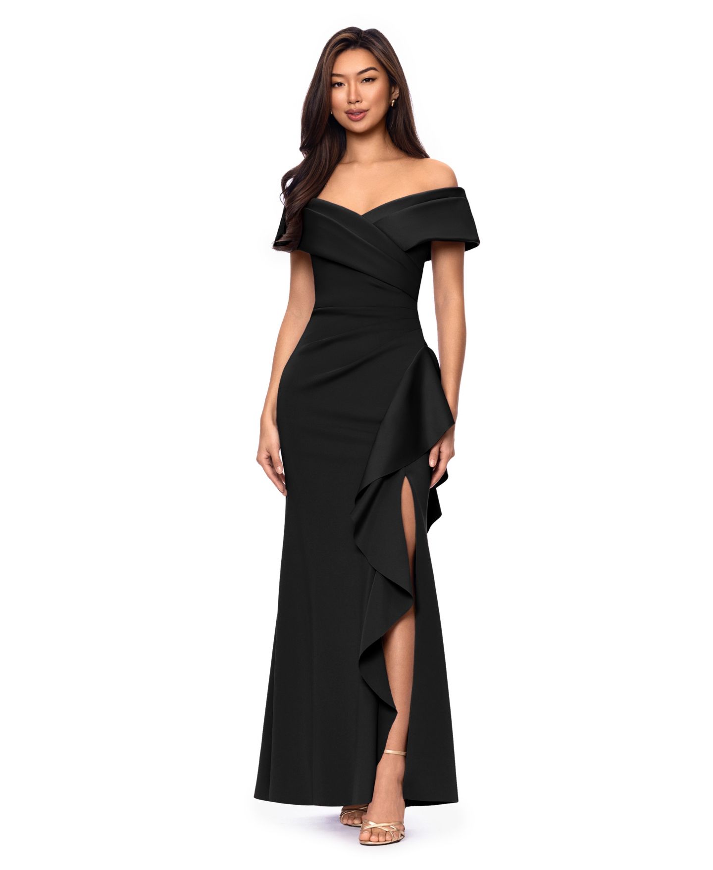 Женское платье XSCAPE Petite Sweetheart Neck Side Ruffle Off-The-Shoulder Long, цвет: Чёрный — фото 1