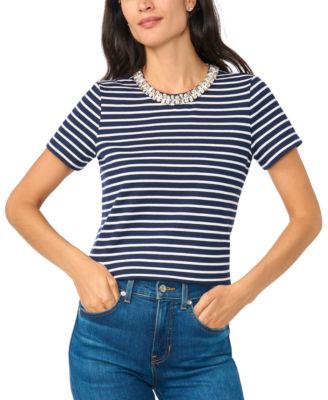 Women's Striped Boxy With Necklace Trim T-Shirt