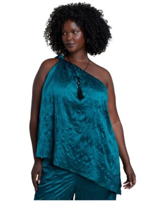 Plus Size Knotted Asymmetric Crinkle Satin One-Shoulder High-Low Hem Blouse