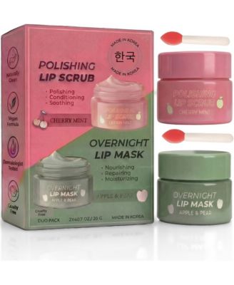 Korean Skincare Lip Care Duo, Cherry Mint Lip Scrub and Apple Pear Overnight Lip Mask, 2pc Lip Treatment Set