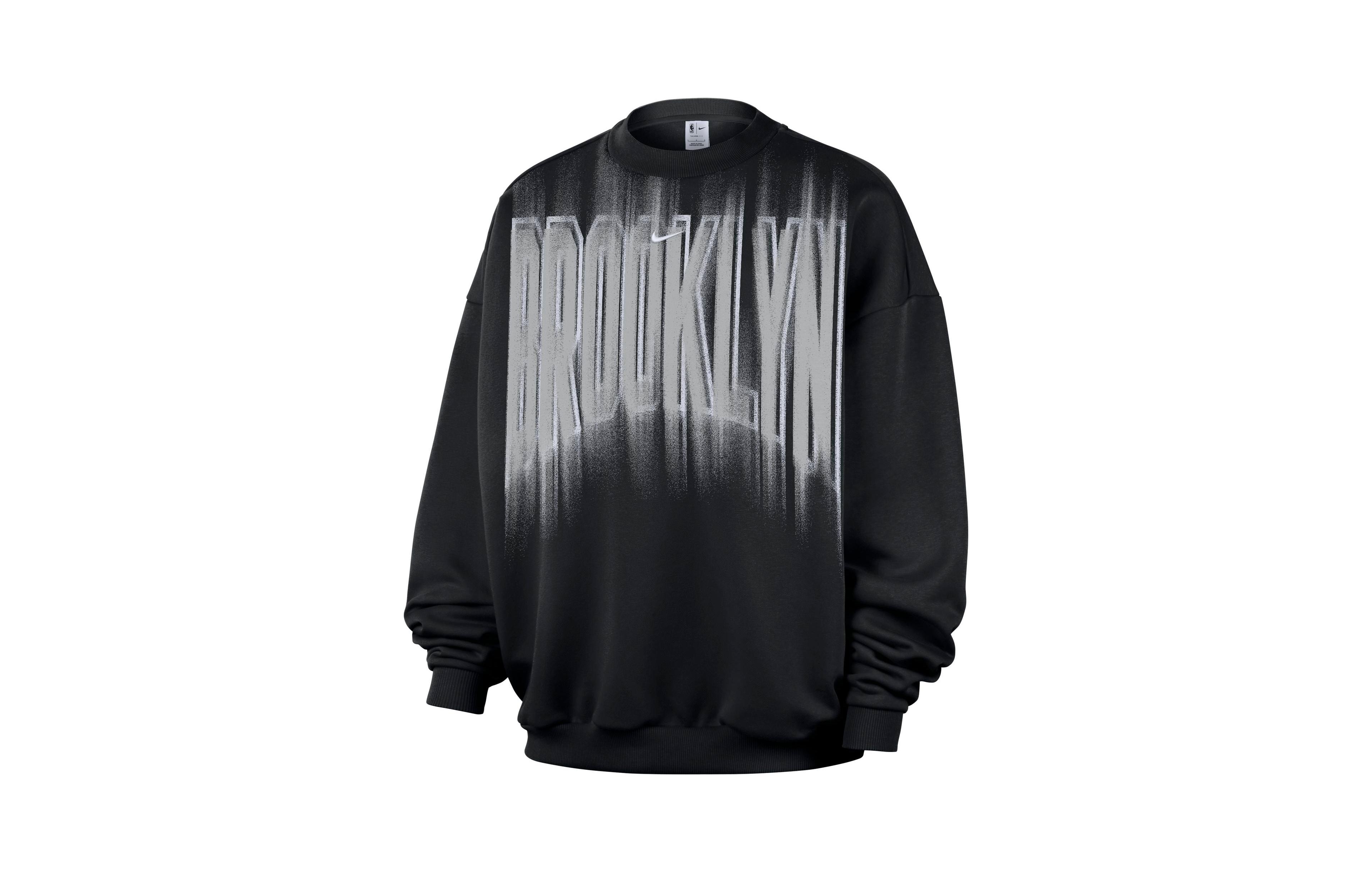 Nike Men's Black, White Brooklyn Nets 2026 Game Theather Fleece Crewneck Sweatshirt