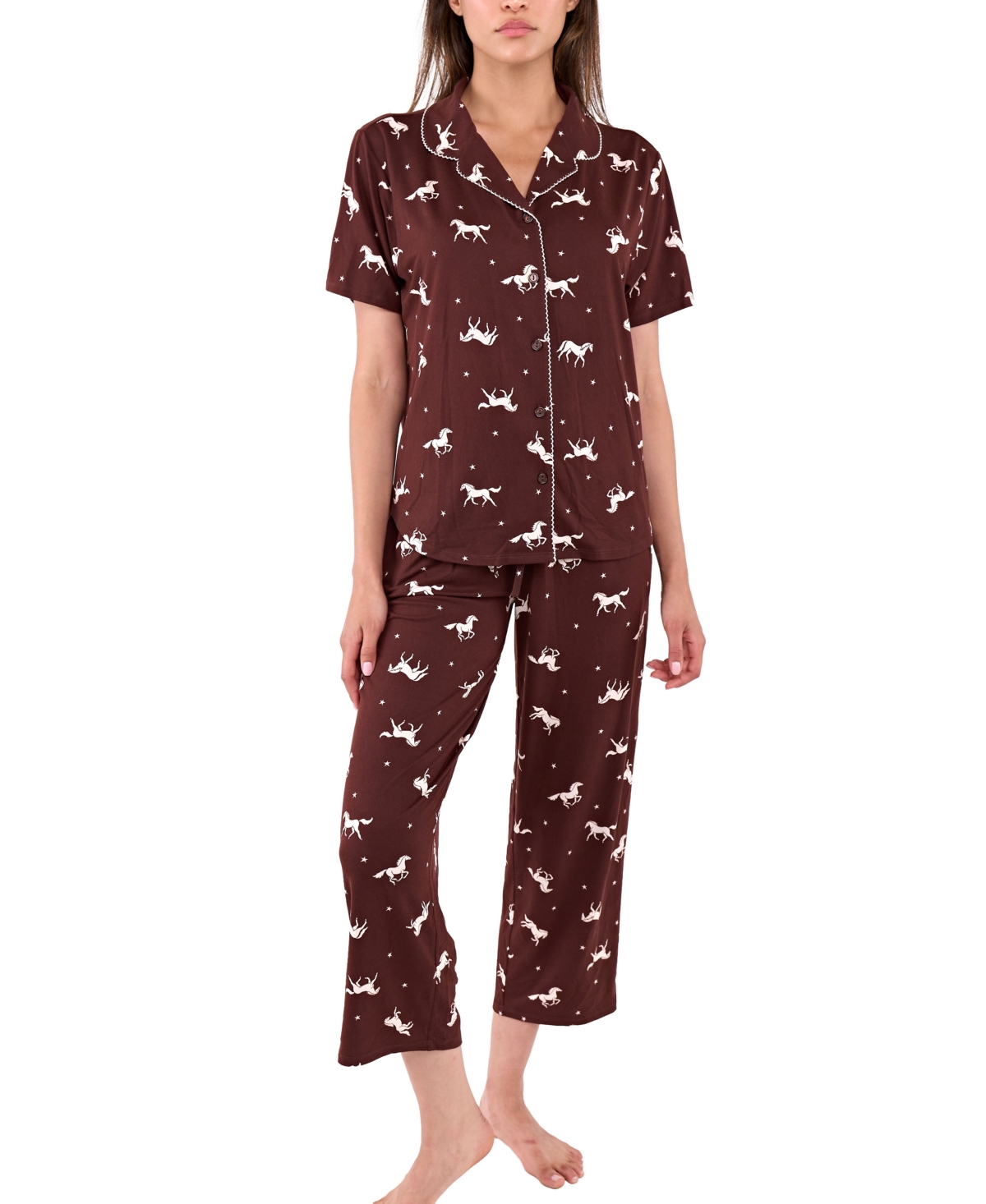 Flora by Flora Nikrooz Women's Gabbie Notch Collar Shirt and Capri Pajama Pants, 2-Piece Set - Chocolate