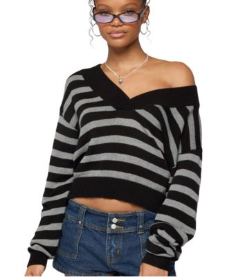 Women's Benz Striped Cropped Long-Sleeve V-Neck Sweater