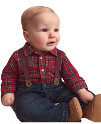 Baby Boys' Plaid Long-Sleeve Bodysuit and Suspender Denim Pants, 2-Piece Set 