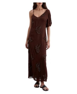 Women's Asy Floral-Embroidery Asymmetrical-Sleeve Midi Dress