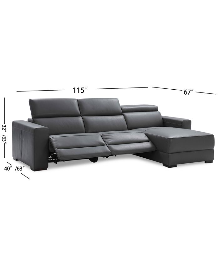 Furniture Nevio 115" 3pc Leather Sectional Sofa with Chaise, 2 Power