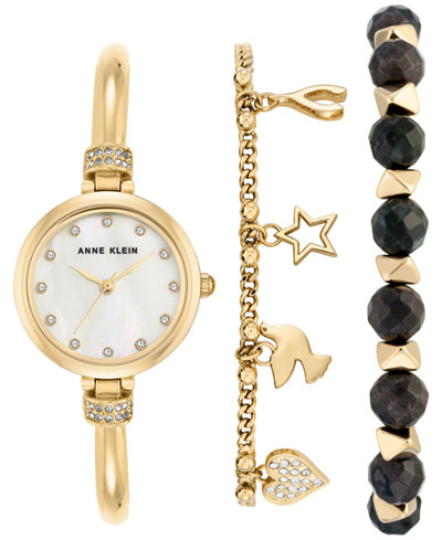 Anne Klein Women's Gold-Tone Bangle Bracelet Watch & Bracelets Set 26mm AK-2840LBDT