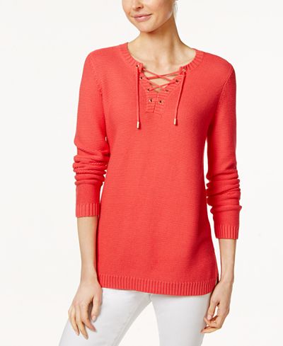 Charter Club Lace-Up Sweater, Only at Macy's