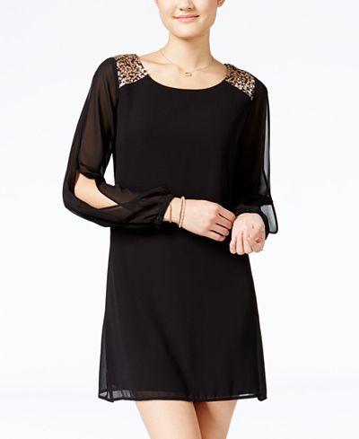 Sequin Hearts Juniors' Sequined Split-Sleeve Shift Dress