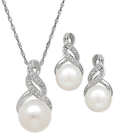 Cultured Freshwater Pearl (8 & 9mm) and Diamond Accent Pendant Necklace and Earrings Set in Sterling Silver or 14k Gold Over Silver