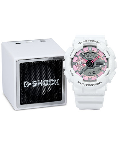 G-Shock Women's Analog-Digital S-Series White Resin Strap Watch & Bluetooth Speaker Gift Set 46x49mm GMAS110MP7GB