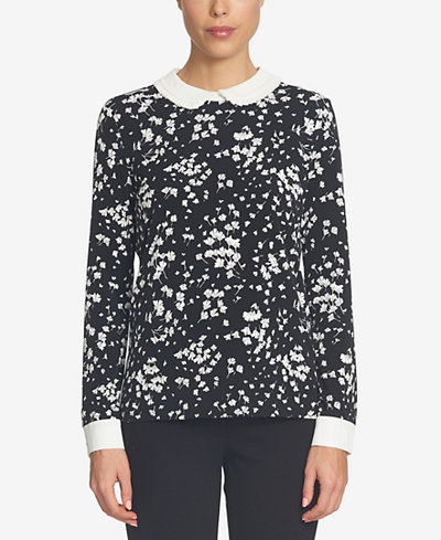 CeCe Printed Pleated-Collar Blouse