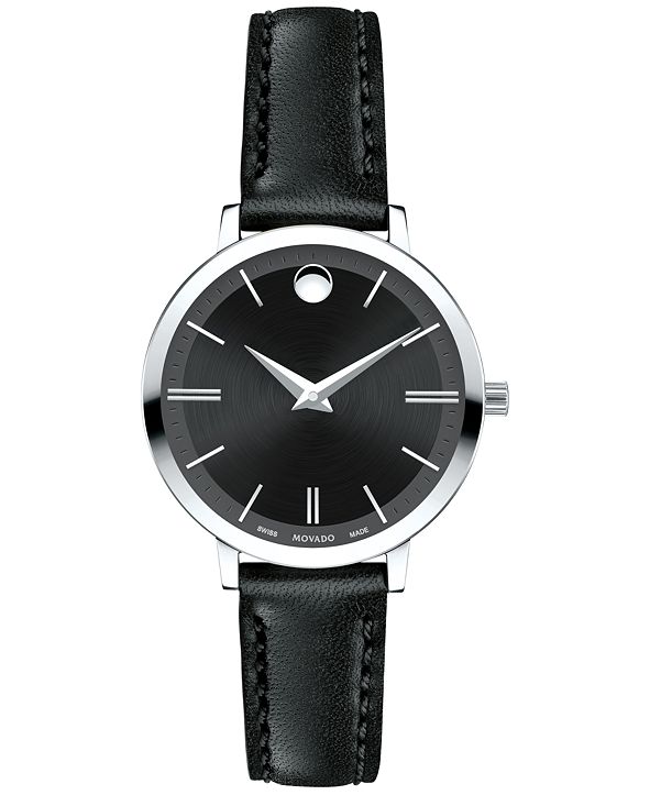Movado Women's Swiss Ultra Slim Black Leather Strap Watch 28mm 0607094