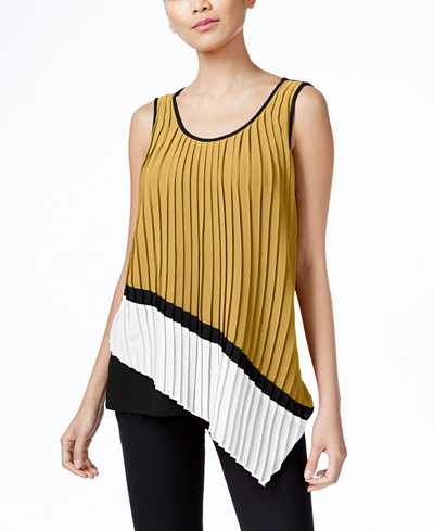 NY Collection Asymmetrical Mixed-Media Pleated Top
