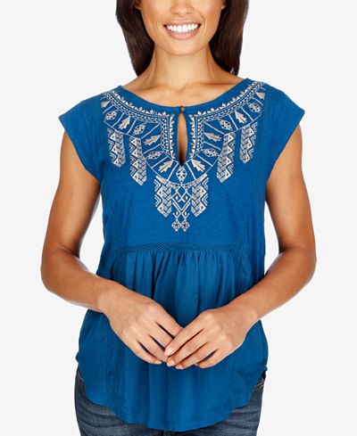 Lucky Brand Embroidered Cap-Sleeve Top