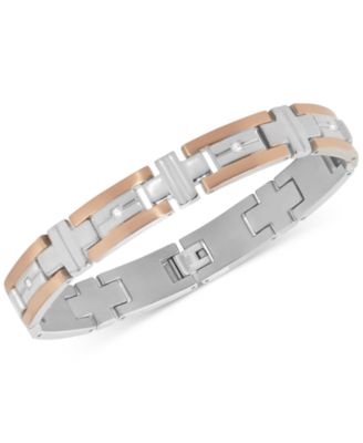 Macy's - Men's Diamond Two-Tone Bracelet (1/10 ct. t.w.) in Stainless Steel and Rose Gold Ion-Plated Stainless Steel
