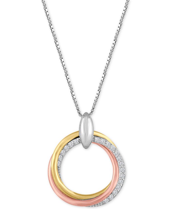 Macy's - Diamond Weave Tri-Color Circle Pendant Necklace (1/10 ct. t.w.) in Sterling Silver and 14k Gold-Plate