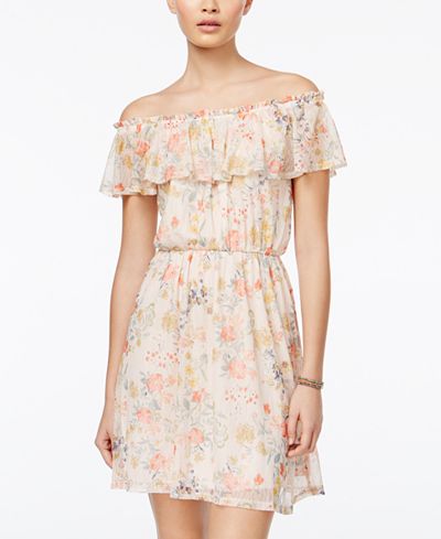 Sequin Hearts Juniors' Floral-Print Off-The-Shoulder Dress