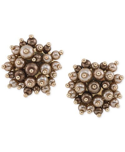 Carolee Gold-Tone Brown Imitation Pearl Cluster Clip-On Stud Earrings