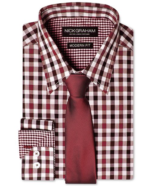 Nick Graham Men's Modern Fitted Multi-Gingham Dress Shirt & Solid Tie ...