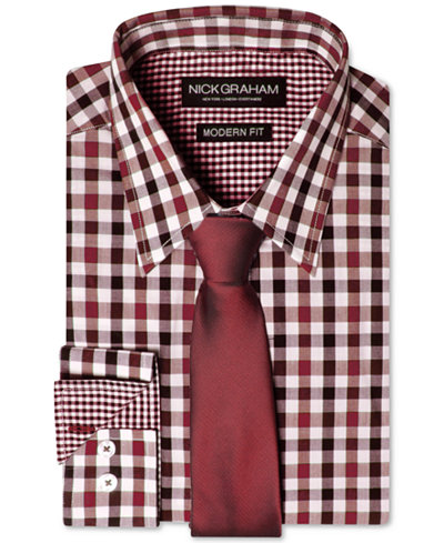 Nick Graham Men's Modern Fitted Multi-Gingham Dress Shirt & Solid Tie Set