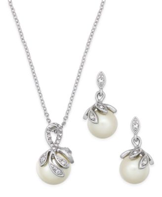 Charter Club - Silver-Tone Pav&eacute; Imitation Pearl Pendant Necklace and Matching Drop Earrings Set