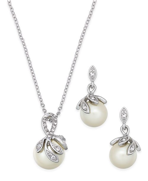 Charter Club Silver-Tone Pavé Imitation Pearl Pendant Necklace and Matching Drop Earrings Set ...