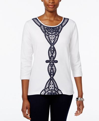 Alfred Dunner Uptown Girl Lace-Trim Three-Quarter-Sleeve Top
