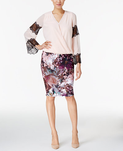 Thalia Sodi Lace-Trim Blouson Top & Pencil Skirt, Only at Macy's